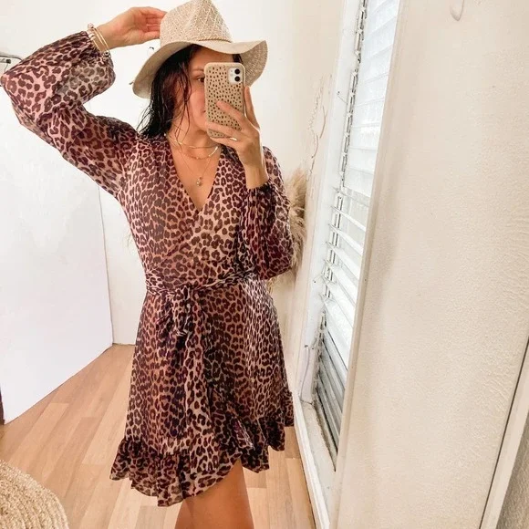 Ganni Animal Print Mesh Mini Wrap Dress Size Small 36 - Picture 14 of 15